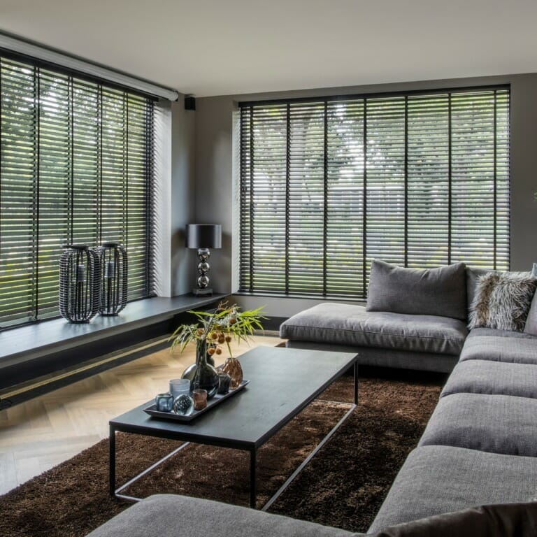 Samenhangend interieur met gordijnen en vloer